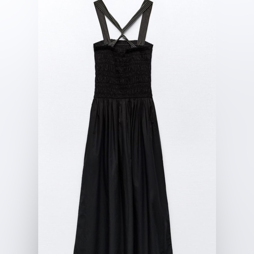 ZARA Topstitched Black Midi Dress with Pockets 100% Cotton Size M NWT - Picture 6 of 15